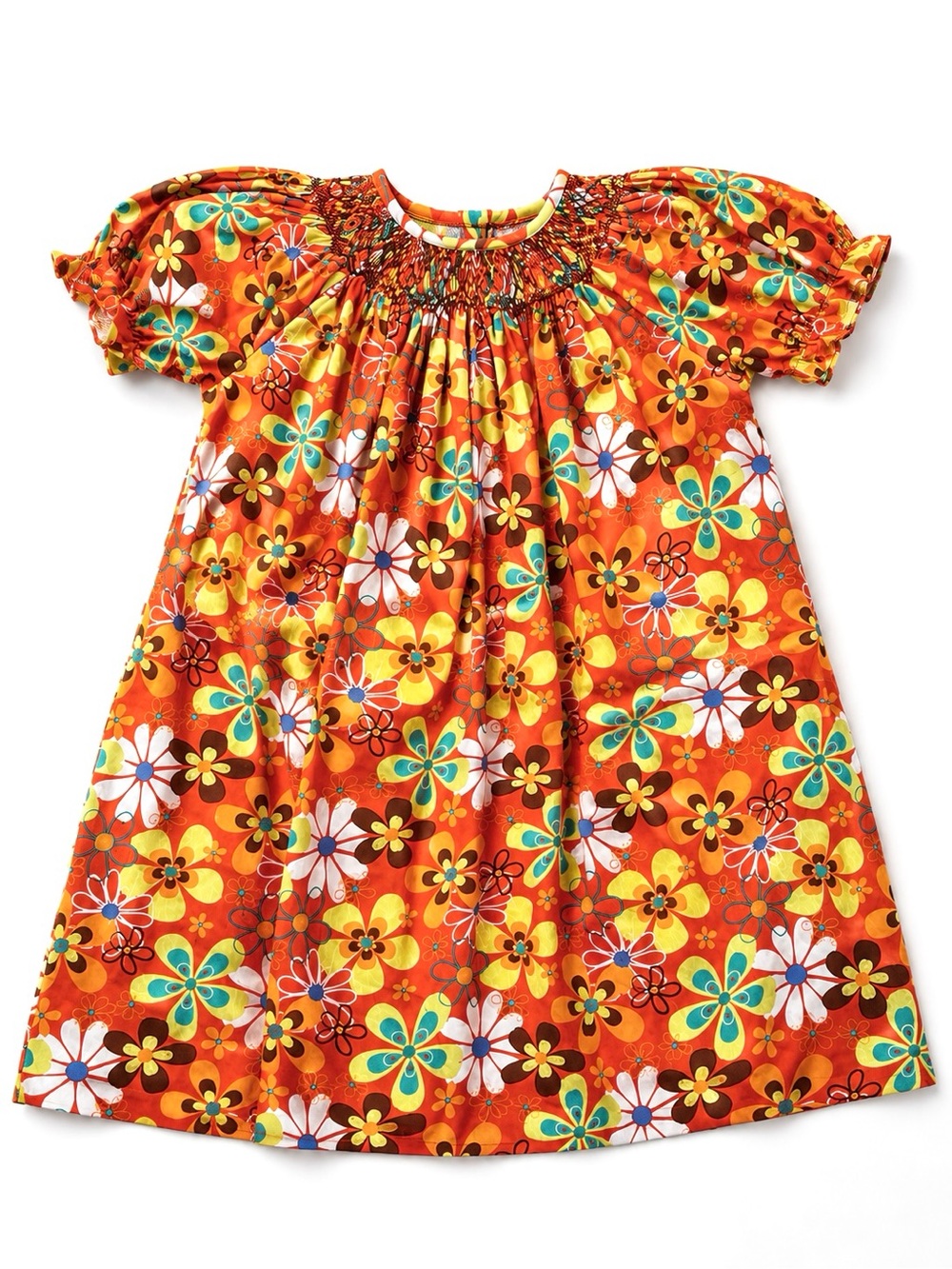 Southern Sunshine Kids Smocked Floral Dress Sz 5 Puff Sleeve Retro 70s Groovy